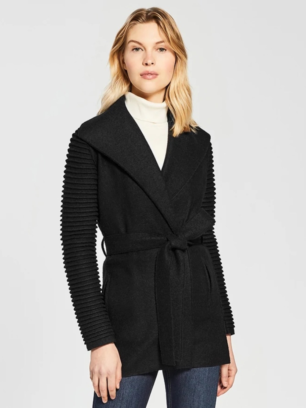 SENTALER Superfine Alpaca Wrap Coat with Ribbed Sleeves in Black